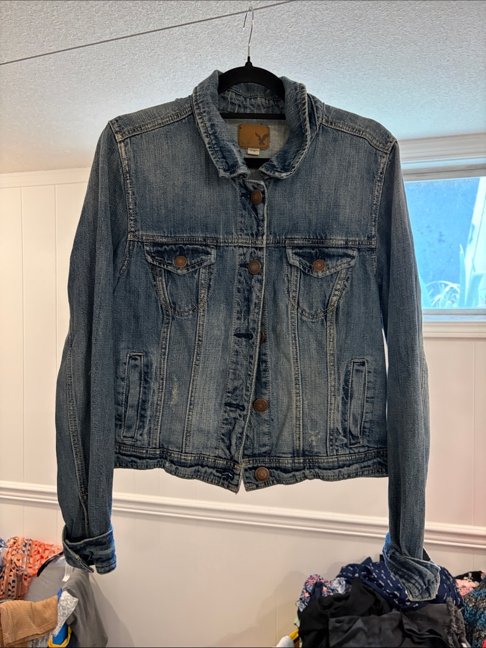 American Eagle Outfitters Distressed Light Blue Denim Jacket